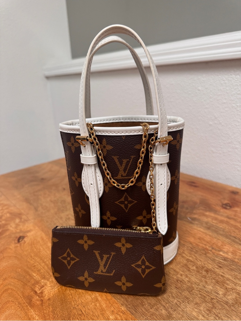 Louis Vuitton Brown Monogram Mini Bucket Bag with White Trim and Gold Chain